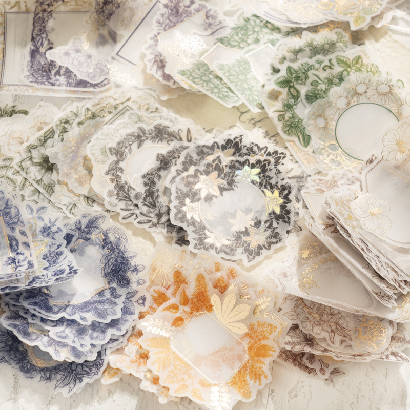 Sticker for a Wonderful Day, "Warmth Not Yet Faded" Series, Plant Border Gold Foil Translucent Paper Vintage Journal Sticker, 8 Designs