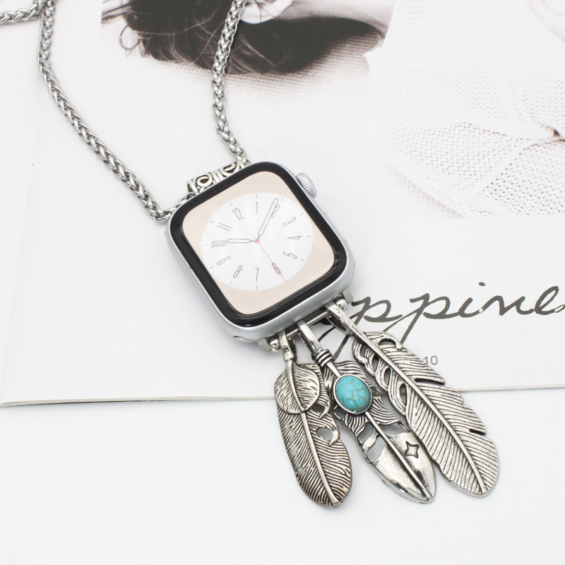Suitable for apple Watch necklace feather pendant iwatch strap metal watch chain Amazon hot sale
