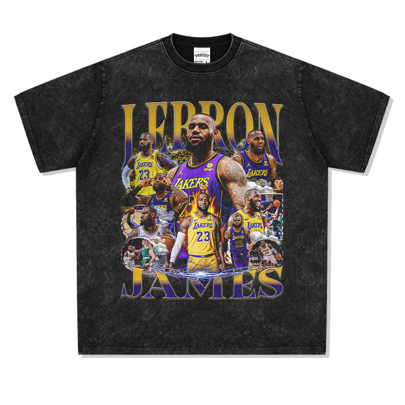 Lebron James Lebron James Washed Distressed Short-Sleeved T-Shirt Short-Sleeved Top American Retro