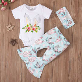 欧美夏款女童复活节兔子三角爬服哈衣+喇叭裤三件套童装ins