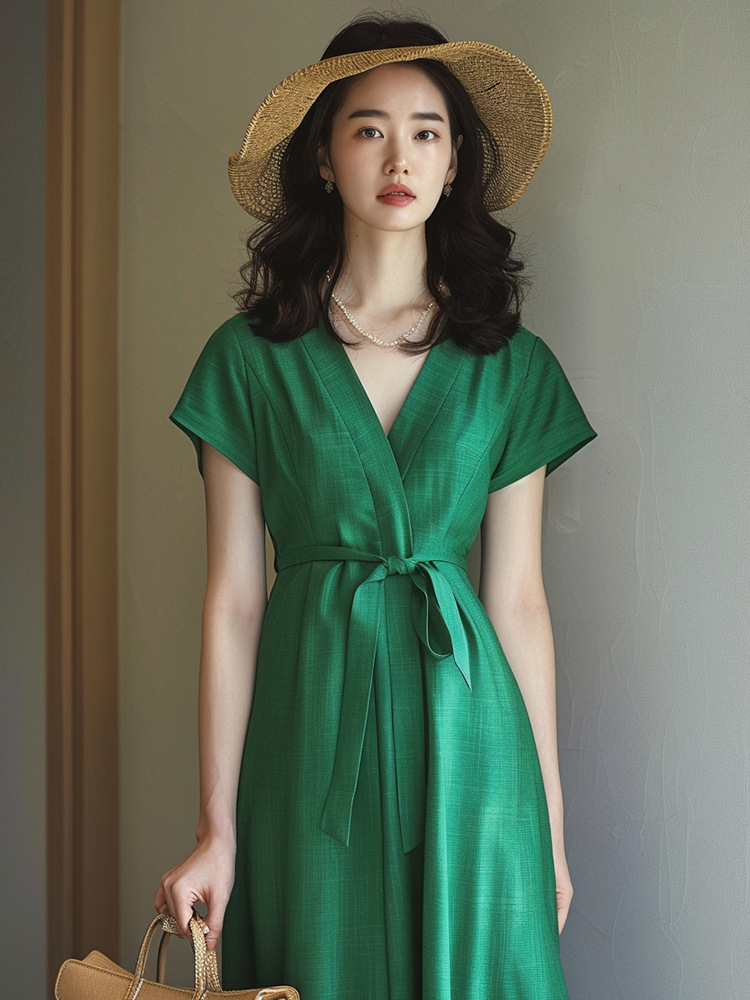 Váy maxi cổ chữ V dài thanh lịch mùa hè thiết kế độc đáo — Màu xanh lá chi tiết 4