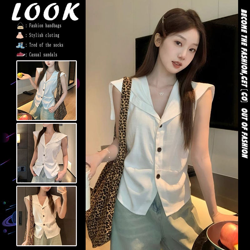 French Retro Navy Collar Single-Breasted Sleeveless Vest Summer Relaxed Casual Shirt Chic Niche Top for Women