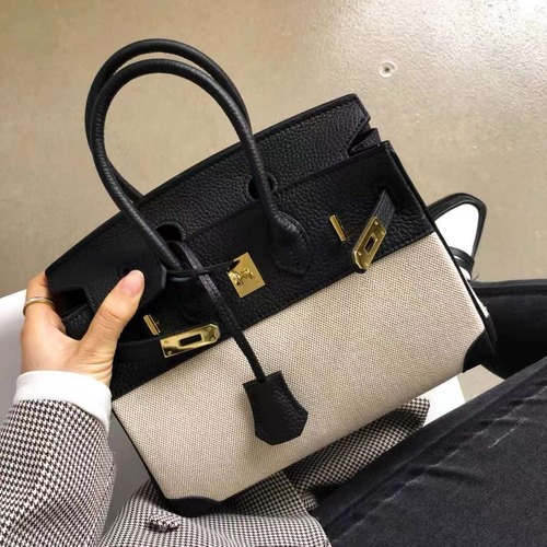 ins网红女士2024新款春夏女包欧美皮配帆布撞色铂金包手提单肩包