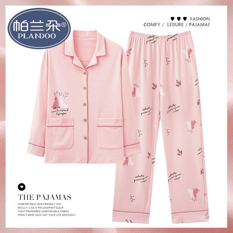 Pijama de algodón femenino primavera y otoño mangas largas dulces y sueltas grande otoño y invierno conjunto de ropa para el hogar