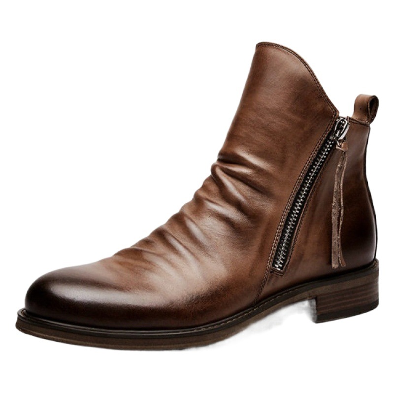 European and American Retro Zipper Men's Boots New Pleated Chelsea Knight Boots Casual Cowboy Boots Factory Goods Delivery