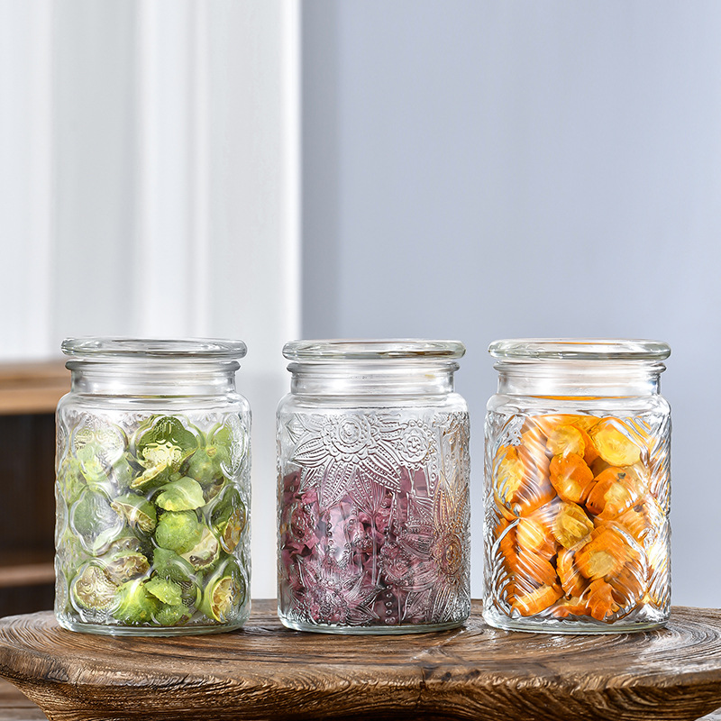 Retro en relieve de vidrio almacenamiento lata de azúcar a prueba de humedad casera frutas secas bocadillos botella de sellado lata de té de vidrio lata de sellado