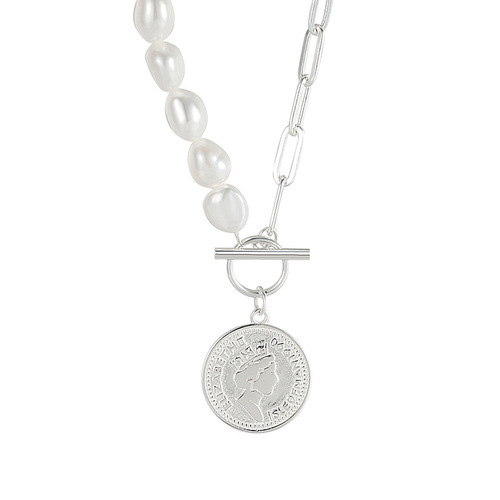 French celi heavy industry baroque freshwater pearl necklace S925 pure silver portrait coin queen lockchain