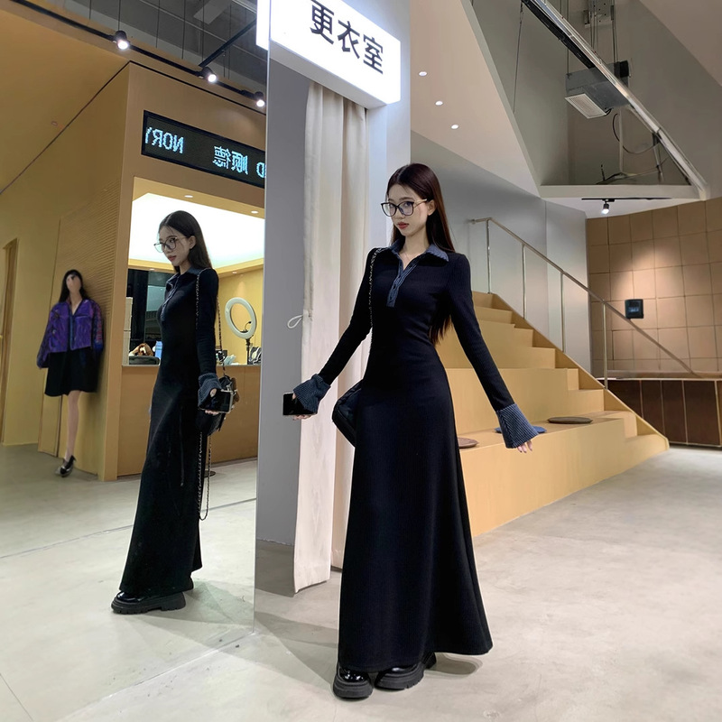 Black High-end Elegant Lapel Long-sleeved dress Women's Spring New Waist Slim-fit Slimming Ruffled Long Dress