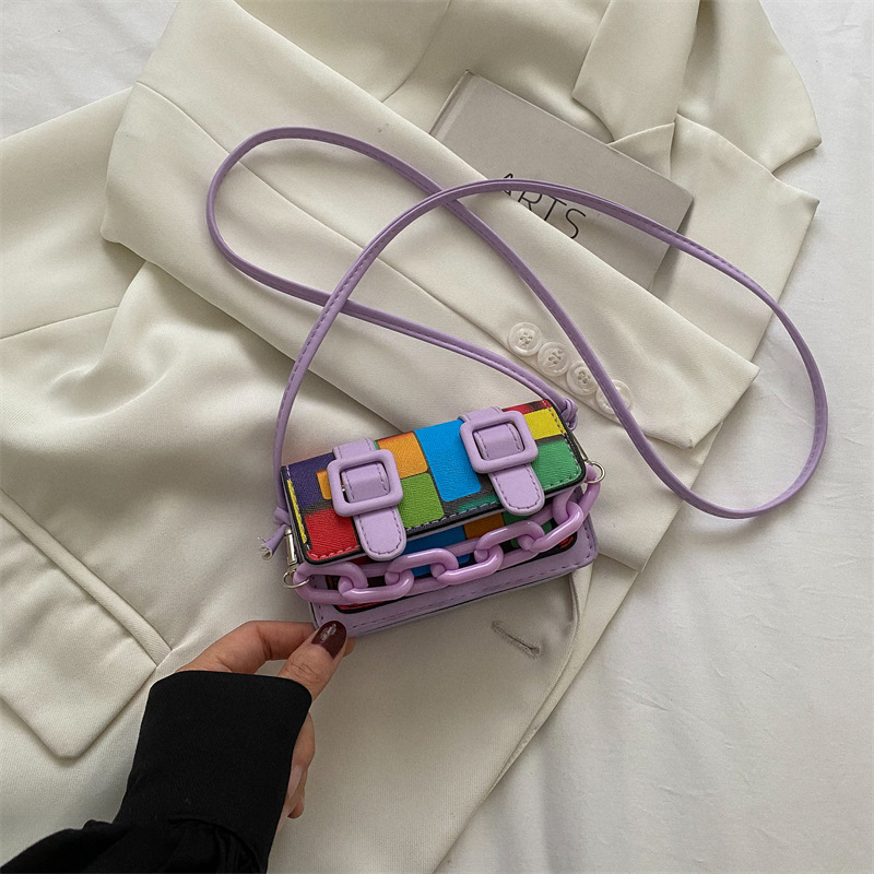 Bolsos transfronterizos de moda, bolso cuadrado pequeño, nuevo bolso de hombro con bloques de color arcoíris, bolso cruzado con bloques de color, mini bolso cuadrado pequeño para niños