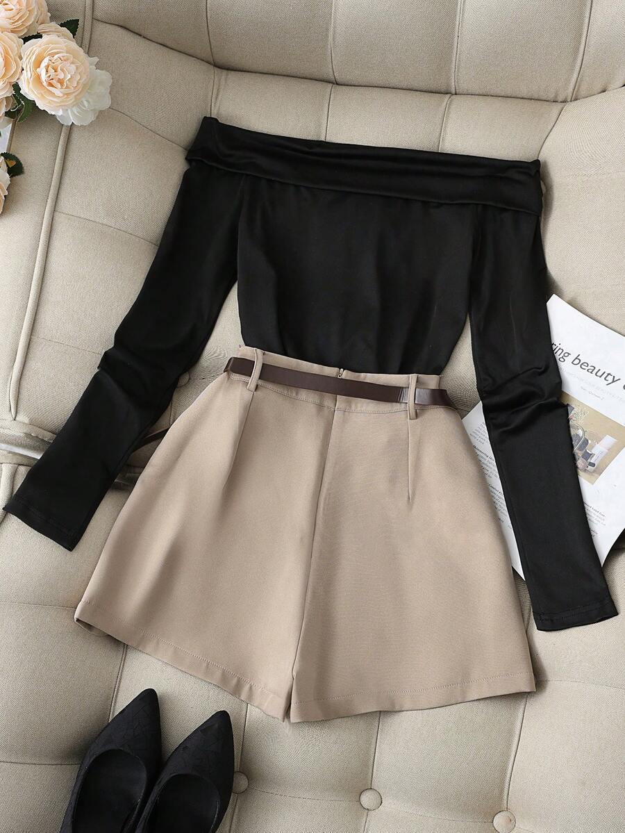 Women's Off-Shoulder Long Sleeve T-Shirt Shorts Skirt Set_ecoleips.com