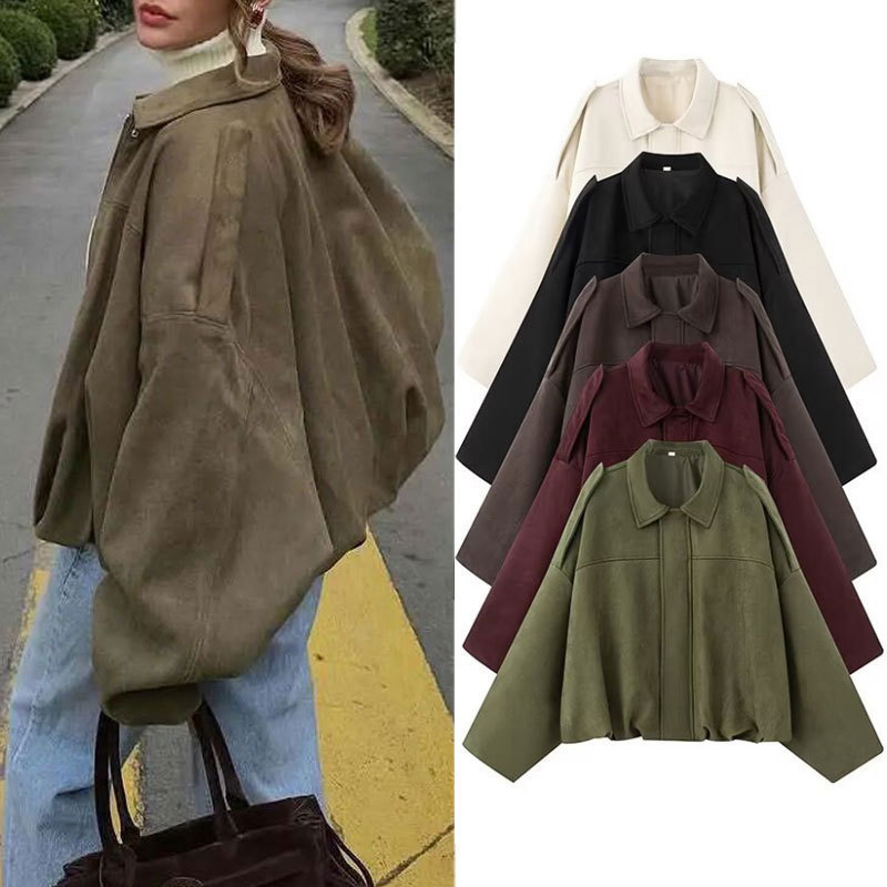 Manufacturer's Ready-Made Foreign Trade Women's Clothing Wholesale 2025 New Bat Sleeve Loose Suede Texture Bomber Jacket