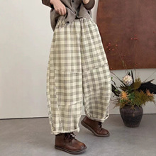 复古文艺灯芯绒格子哈伦裤女秋季新款宽松休闲百搭加里布老爹裤女
