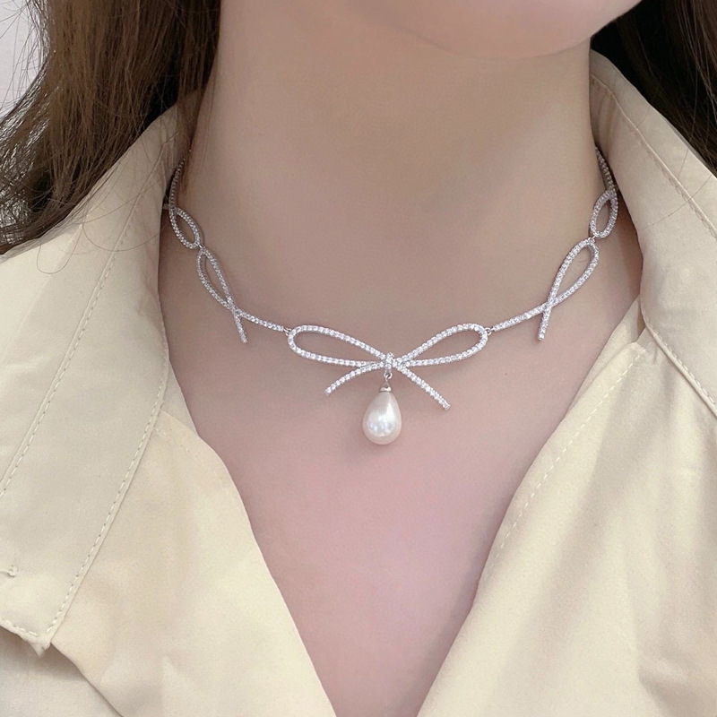 HEFANG's Wedding Series Bow Ribbon Necklace for Women in Europe and America Light Luxury Cold Wind Pearl Pure Silver Collar