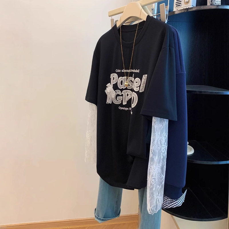 Black Lace Stitching Long-sleeved T-shirt Women's 2025 Summer Fake Two-piece Mid-length Butt-covering Design Top