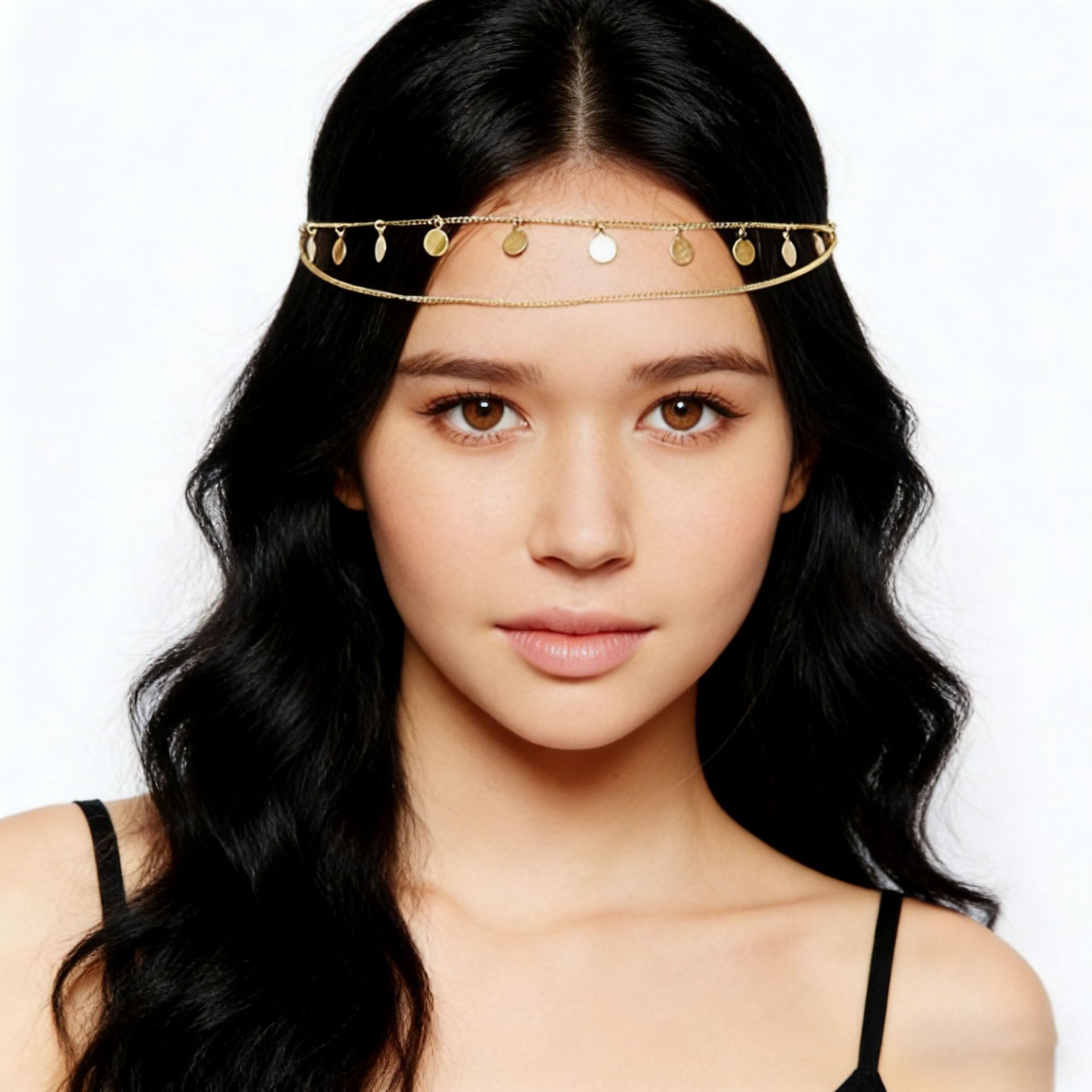 European and American Cross-Border Wholesale Fashion Simple Round Pendant Tassel Chain Sequin Double-Layer Stacked Hair Chain Head Chain