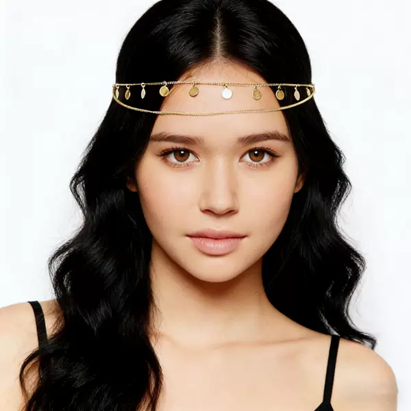 European and American Cross-Border Wholesale Fashion Simple Round Pendant Tassel Chain Sequin Double-Layer Stacked Hair Chain Head Chain
