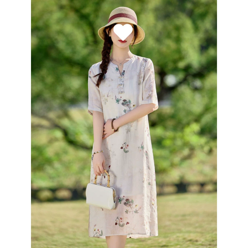Высококачественное, модное и универсальное, уменьшающее возраст летнее новое платье средней длины из рами со свободной талией, утягивающее и нежное стильное платье.