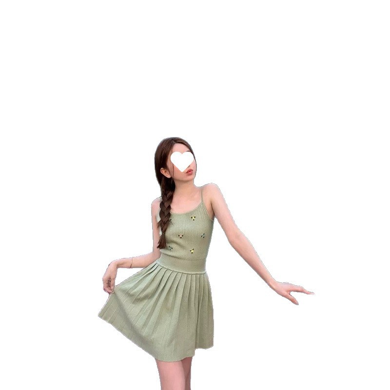 小清新刺绣花花针织百褶吊带连衣裙女甜美小个子高腰显瘦A字短裙|undefined