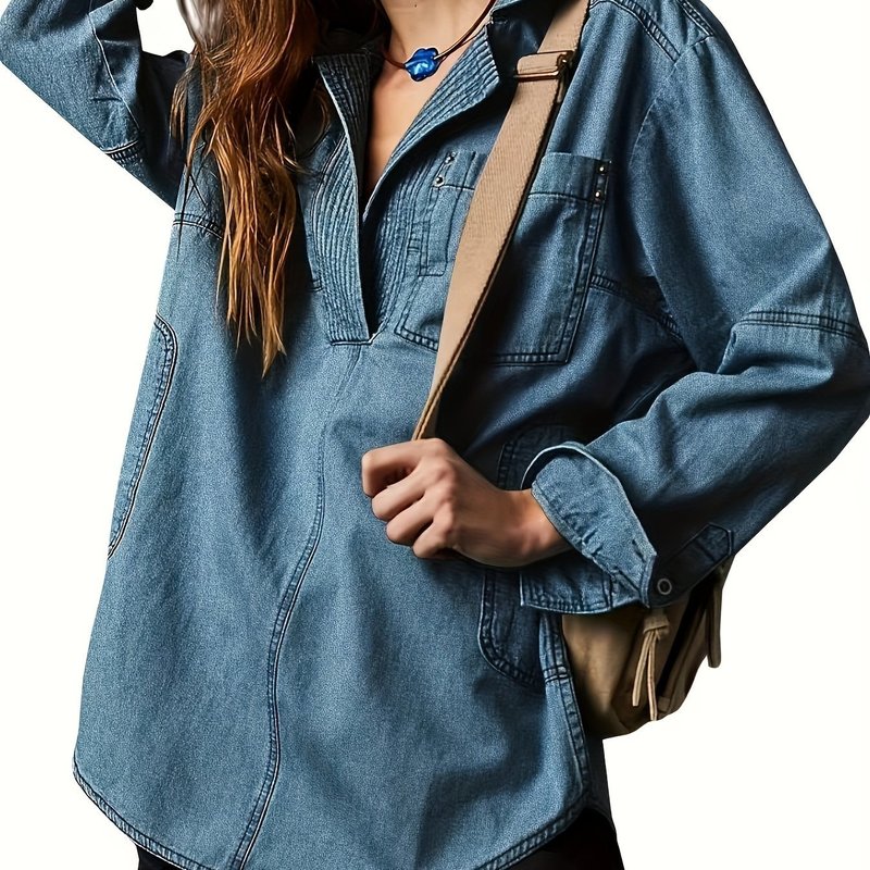 V-Neck Denim Pullover Casual Shirt - Loose Long Sleeves,|undefined