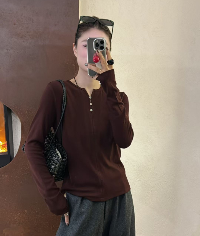 新品设计感小众V领内搭长袖上衣女T恤羊绒打底衫|undefined