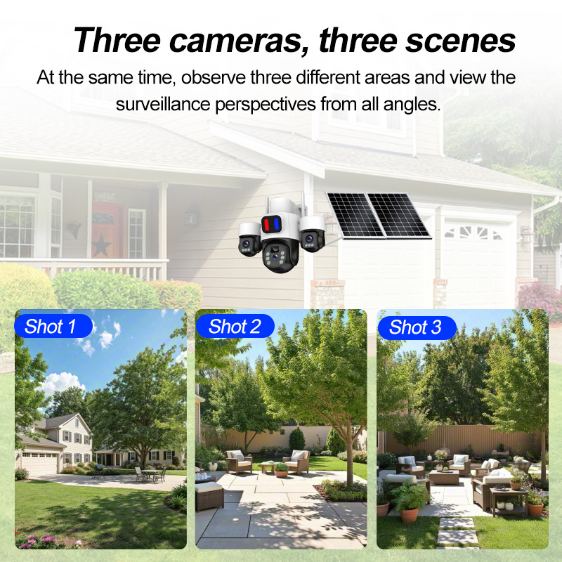 Transfronterizos dedicados a tres imágenes tres lentes alarma rotatoria sin ángulo muerto cámara de monitoreo solar impermeable al aire libre image 5