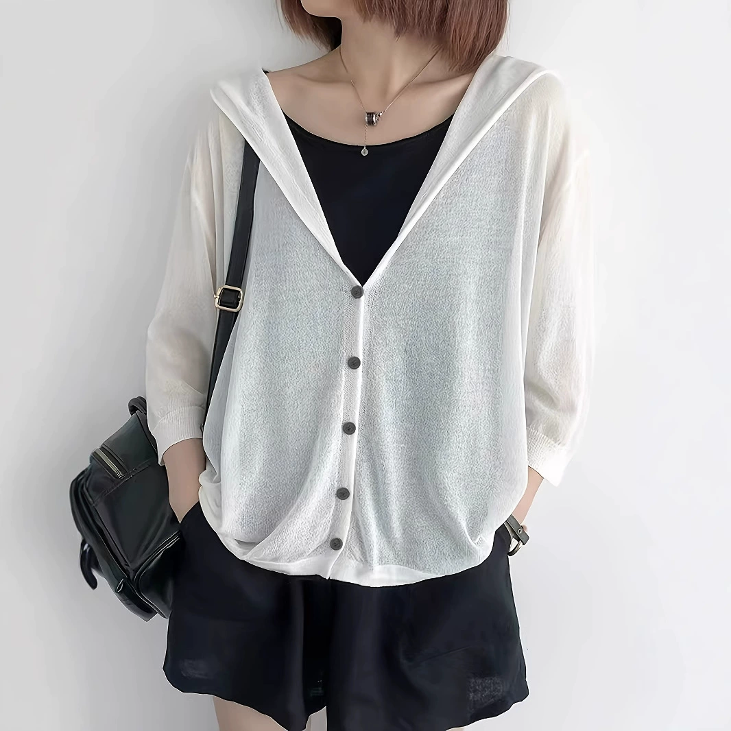 Популярный тонкий кардиган-накидка Amazon для защиты от солнца, новый летний стиль с капюшоном, свободная и стильная рубашка-шаль для кондиционированных помещений.