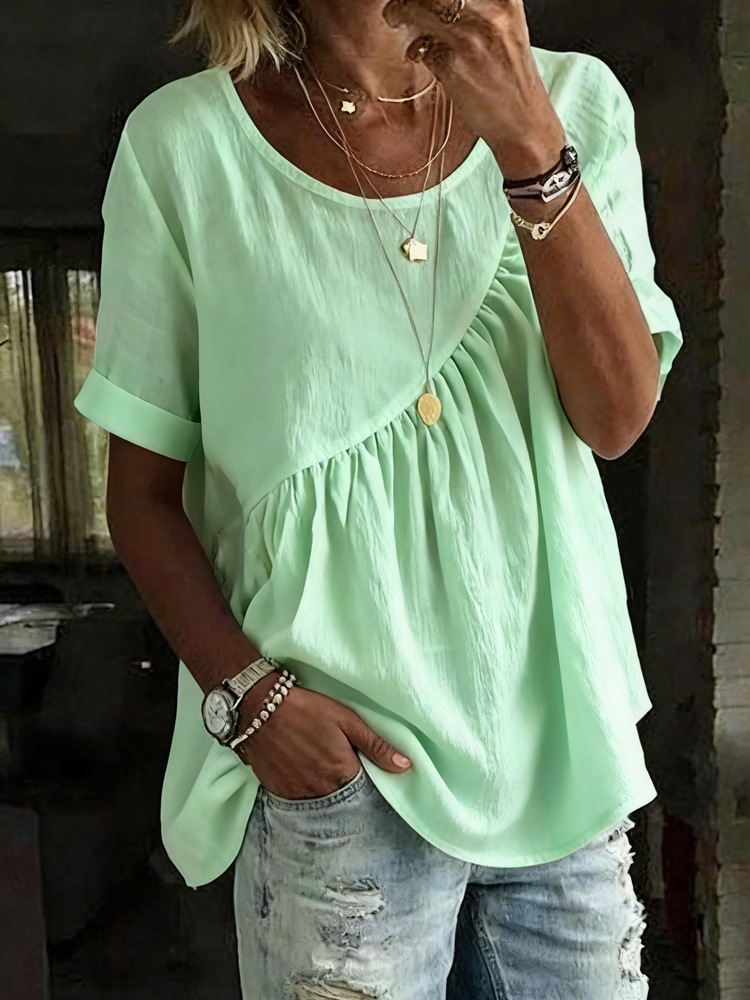 Women's Solid Color Ruffle Detail Short Sleeve T-Shirt round Neck Blouse Casual Outfit with Shirring_ecoleips.com
