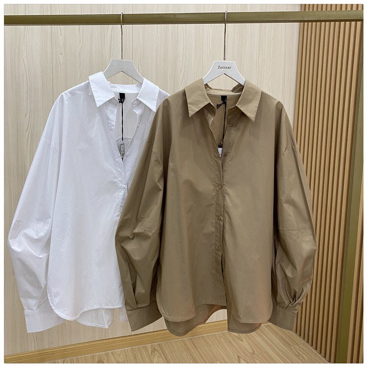 Korean Dongdaemun Solid Color Simple Lantern Long-Sleeve Shirt 2026 Autumn and Winter Loose Casual Front Short Back Long White Shirt