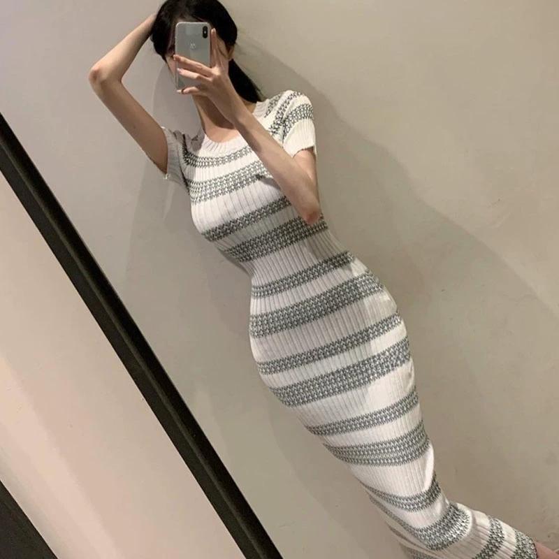 South Korea's Dongdaemun Spring and Summer New Style Slim-Fitting Color-Blocked Stripesd Round Neck Versatile Short-Sleeved Knitted Hip-Hugging Dress