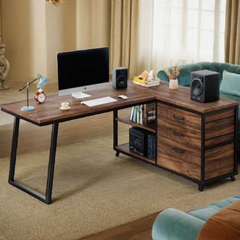L-shaped computer desk simple with 3 drawers reversible corner family desk