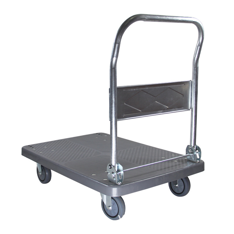 灰色单层塑料手推车超市拉货平板车家用折叠快递小推车仓库拉货车