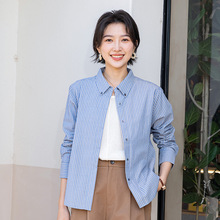 YUN韫春季新款宽松纯棉条纹女装衬衫翻领职业衬衣休闲长袖衬衣女