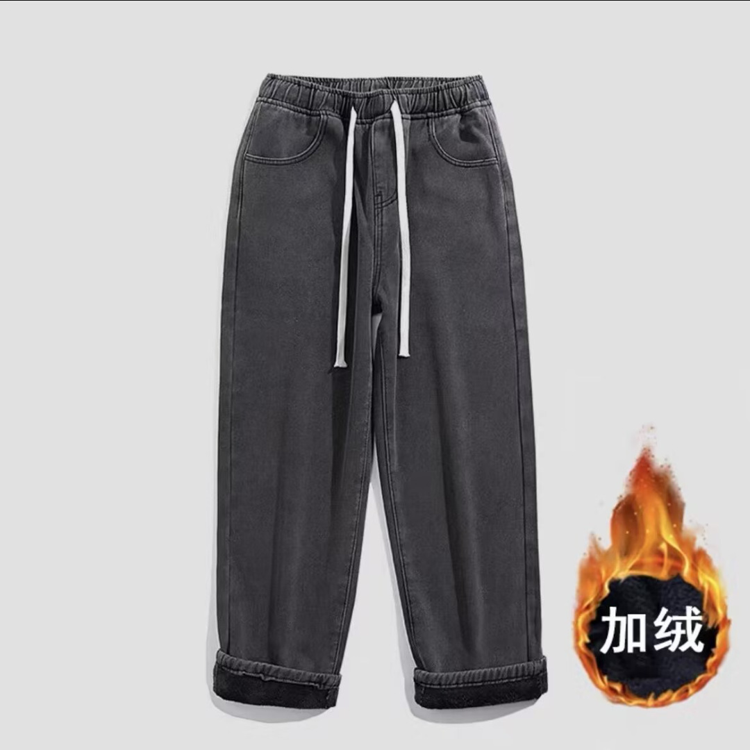衫少服饰薄款直筒加绒加厚牛仔男好质量松紧腰加绒裤