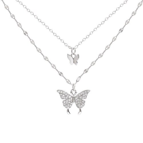 Double-layer butterfly necklace~Flash diamond  spring and summer new trendy necklace for women ins Korean versatile cold style clavicle chain
