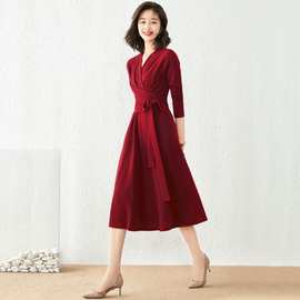 法式轻奢DVF茶歇裙收腰显瘦长袖领系带红色连衣裙女秋季