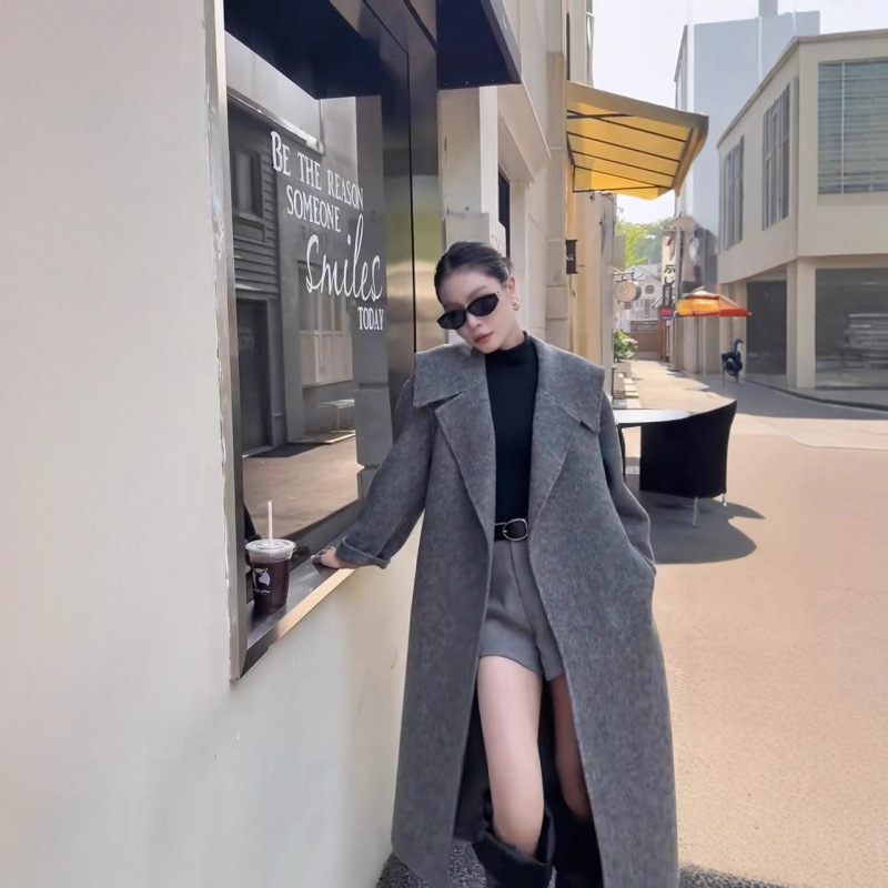 大翻领双面羊绒大衣女中长款过膝2025秋冬新款修身显瘦羊毛呢外套