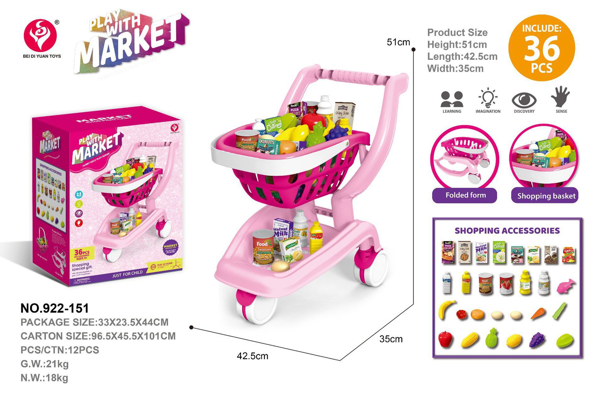Simulación infantil transfronteriza iluminación de la casa, música, carrito de compras, juegos de supermercado de frutas, carrito de juguetes