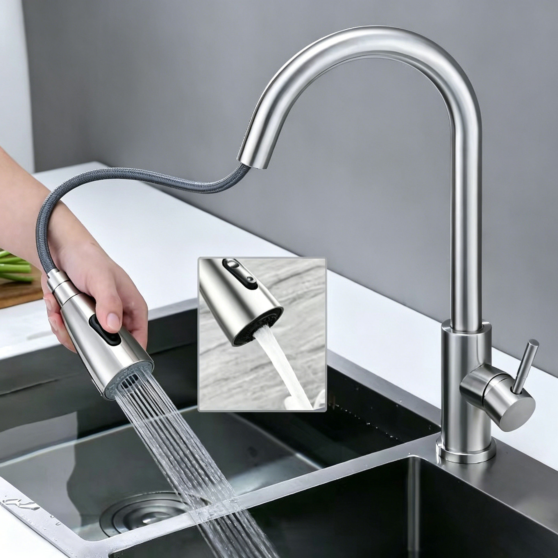 Grifo Extraíble de Cocina de Acero Inoxidable 304, Giratorio 360° para Agua Fría y Caliente