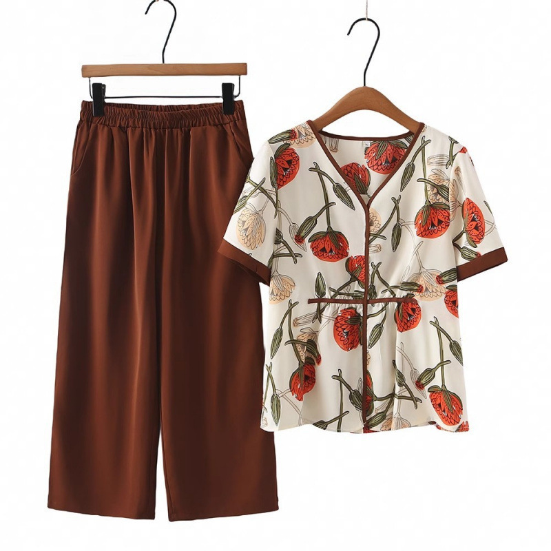 母の日ママサマースーツ半袖シャツ中高年婦人服若い女性服薄手シフォンシャツ|undefined