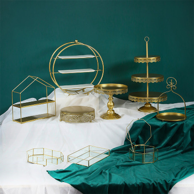 Tabla de postres de estilo europeo, estante de exhibición de bodas, banquete de bodas, estante de pastel, estante de té de la tarde, estante de golden snack set de 7 piezas