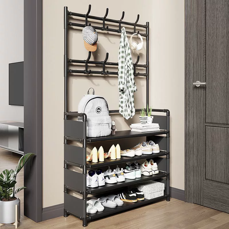Easy-Install Iron Shoe and Coat Rack with Door, Multi-Layer Dustproof Storage Cabinet