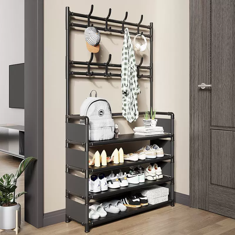 Easy-Install Iron Shoe and Coat Rack with Door, Multi-Layer Dustproof Storage Cabinet