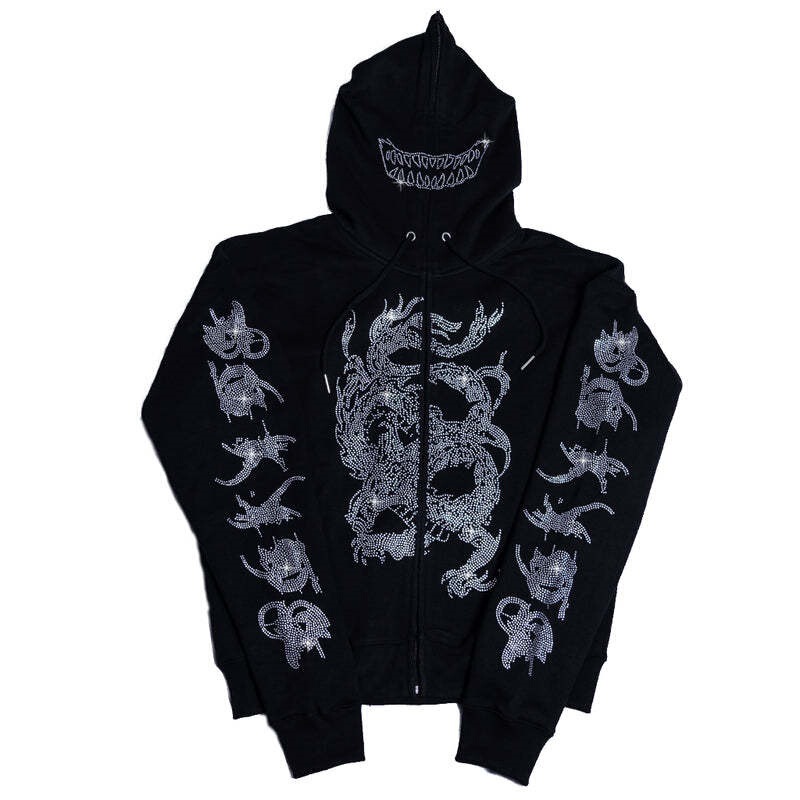 2024 Foreign Trade Cross-border New European and American Autumn and Winter Same for Men and Women Y2K Fashion Rhinestone Loose Hooded Cardigan Sweater 2024 Foreign Trade Cross-border New European and American Autumn and Winter Same for Men and Women Y2K Fashion Rhinestone Loose Hooded Cardigan Sweater
