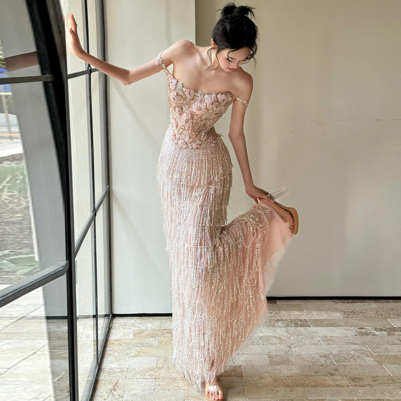 Evening Dress for Women with a High-End, Light Luxury, Niche, Heavily Crafted Tassel Design, Suitable for Engagement, Host, Wedding, Morning Robe, Toast, and Bride