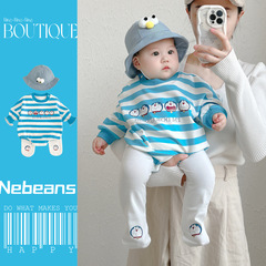 精梳棉柔軟新生兒寶寶衣服三件套藍色條紋叮噹小胖包屁衣套裝哈衣