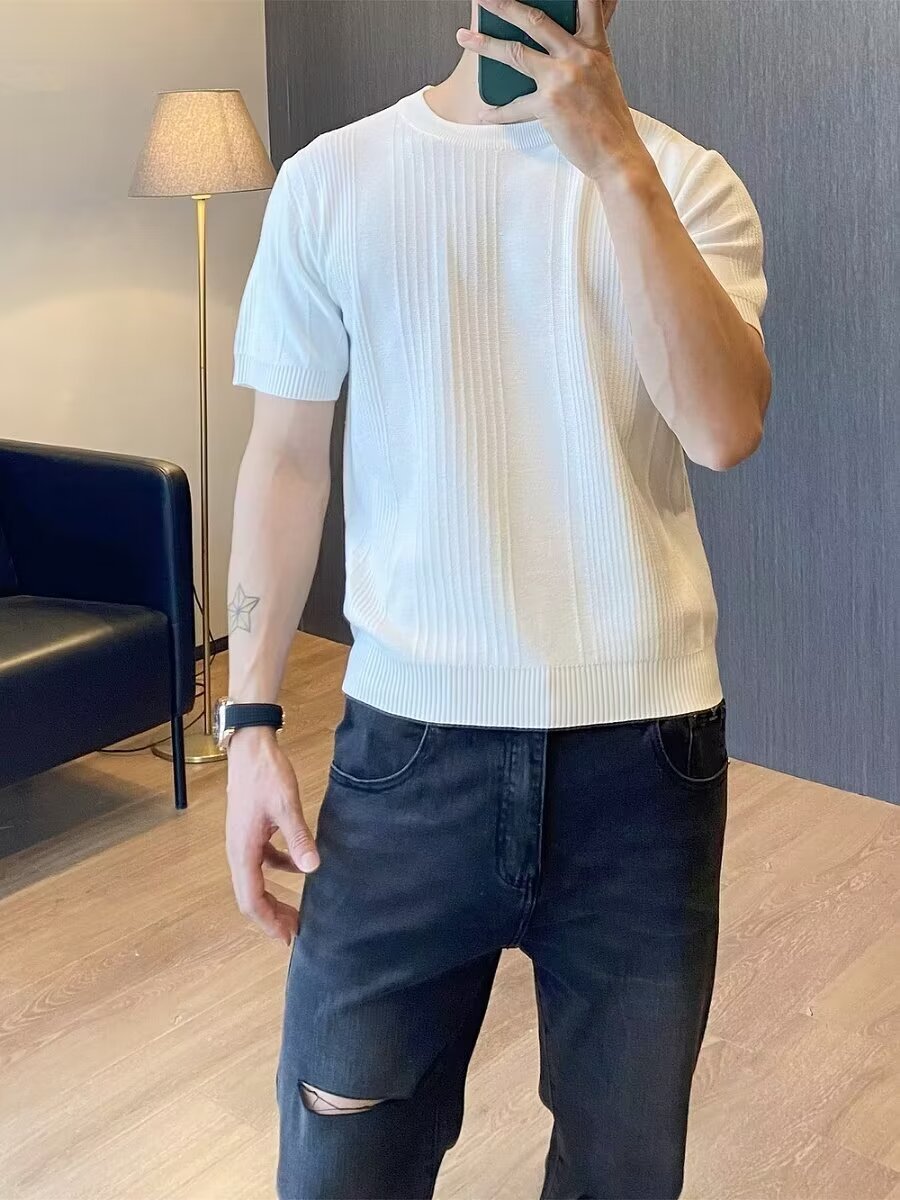 Other Crewneck Sweater Ice Silk Vertical Stripe Short-sleeve White