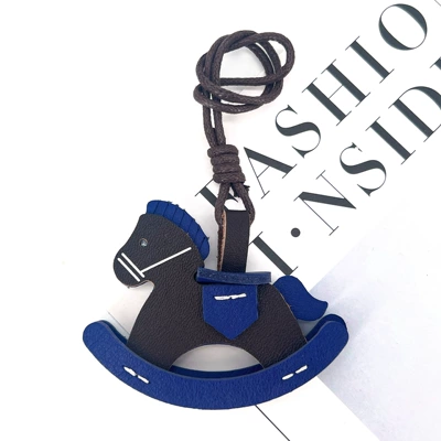 Car Pendant with a High-End Feel, Genuine Leather Pony Pendant, Car Rearview Mirror Ornament, Rocking Horse Creative Bag Pendant Accessory (Car hanging) - coffee-with-blue