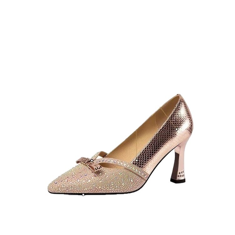 Temperamento zapatos de tacón alto de mujer tacones puntuales 2026 primavera y verano nuevo estilo de moda arco de diamante zapatos de tacón alto poco profundos