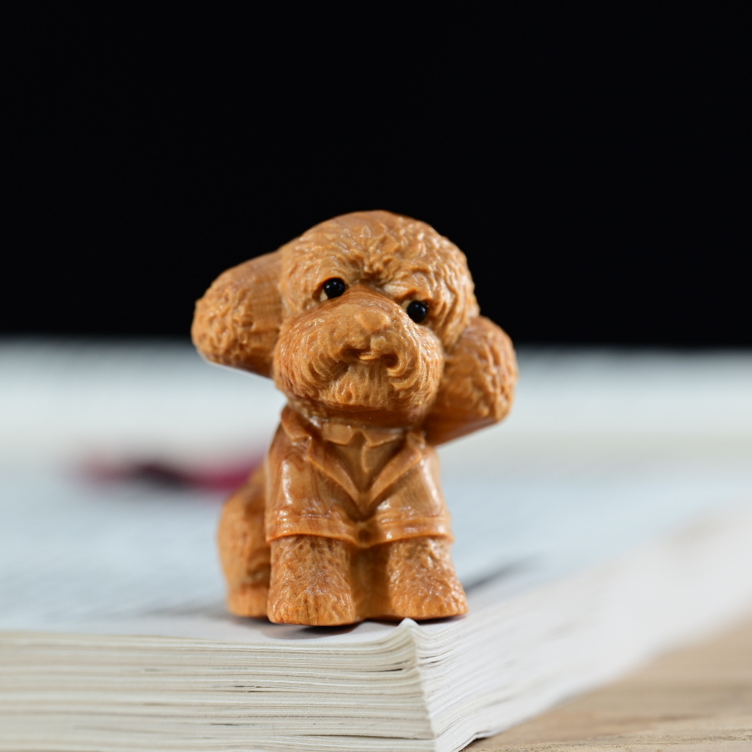 Taihang Cypress Solid Wood Carved Teddy Bear Handle, Carving for Car, Lucky Dog Handheld, Playable Pendant, Teddy Bear Family Portrait