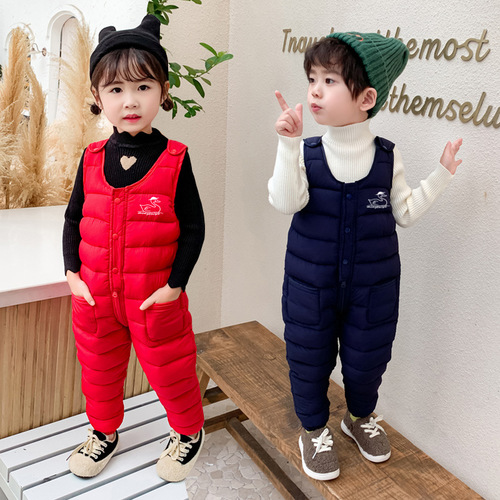 Autumn and winter children's pocket down cotton pants for infants and toddlers, adjustable jumpsuits for children, thick bibs for small and medium-sized children